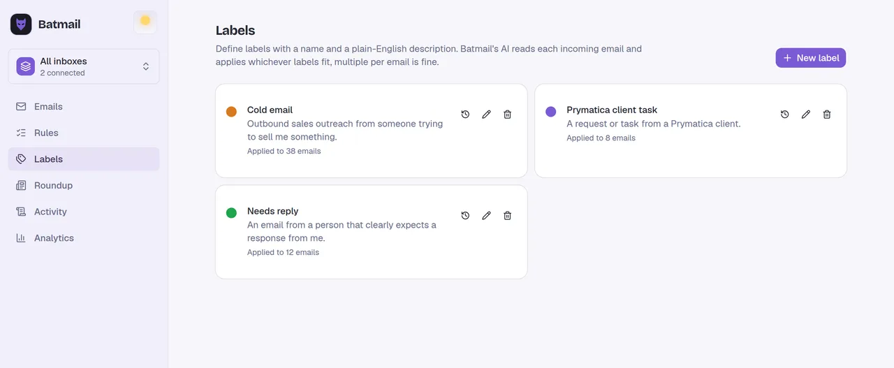 Batmail echo labels: labels you describe in your own words, applied by AI with a written reason attached.