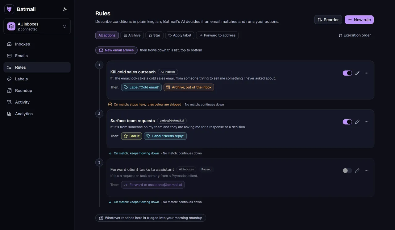 Batmail rules written in plain English, each with its conditions and the actions it takes, in priority order.